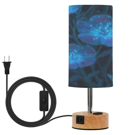 Touch Control Table Lamp with Wood Grain Metal Base 3 Color Temperature Adjustable LED Eye Caring Desk Lamp for Bedroom Study Glowing Blue Flowers
