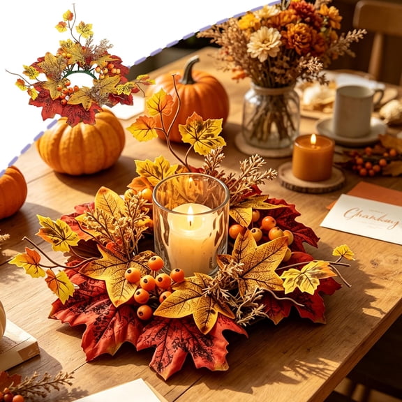 FeiFu Fall Candle Ring Wreath Artificial Sunflower Pumpkin Maple Leaves Centerpiece for Pillar Candle Holders Autumn Harvest Table Decor Home Party Thanksgiving Corona de Vela de Otoño
