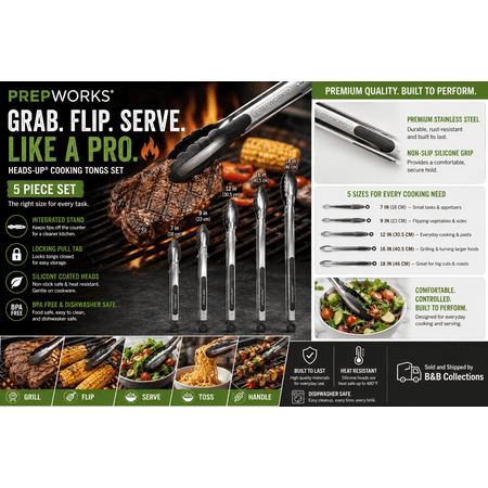 PrepWorks Heads-Up Cooking Tongs Set, 5-Piece Stainless Steel & Silicone Kitchen Tong Set, Heat Resistant Non-Slip Grip Tongs for Cooking, Grilling, Salad & Serving‼️MISSING ONE‼️