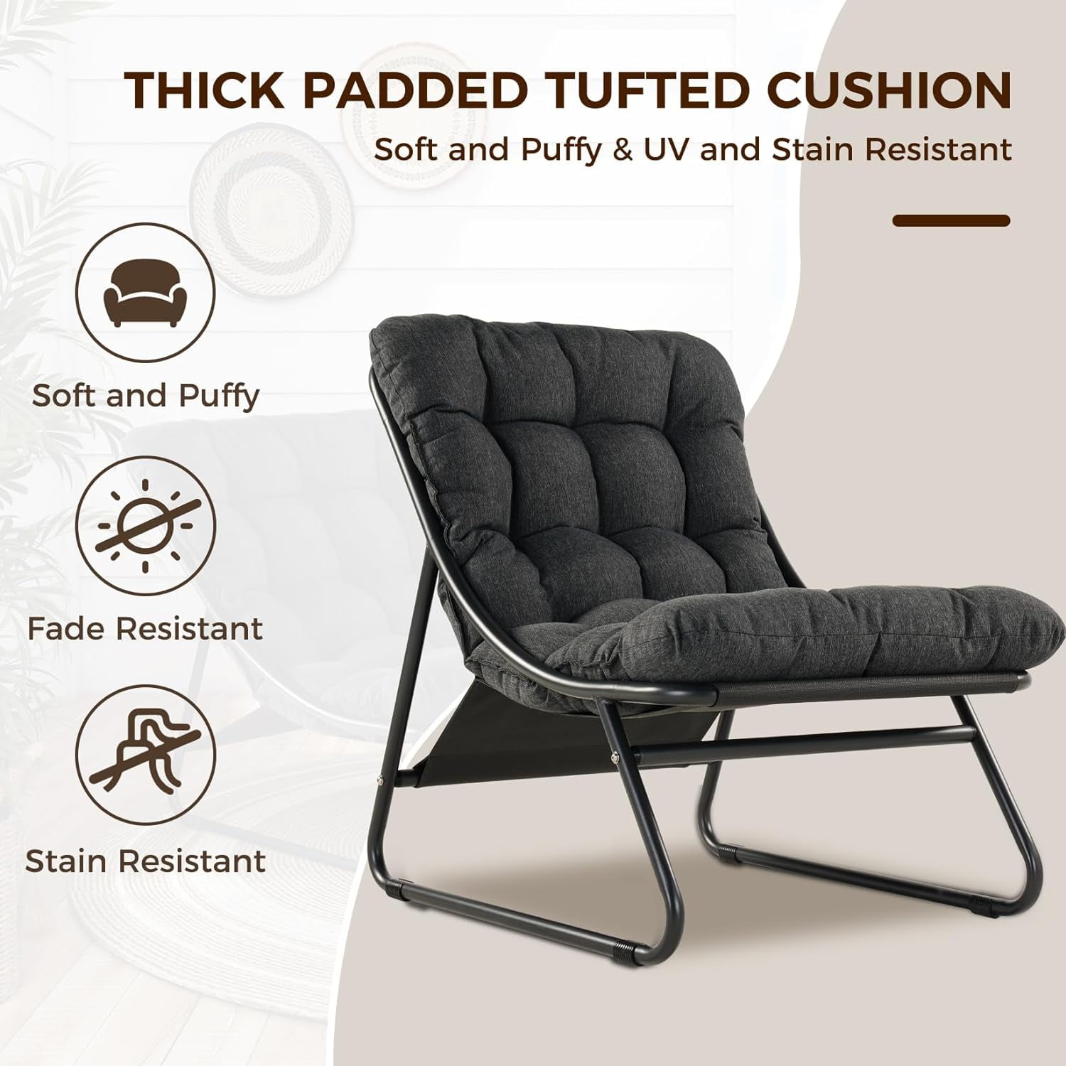 Grand Patio Outdoor Lounge Chair with Ottoman, Comfy Sling Recliner Set, Puffy Cushion, Samba Modern Steel Furniture, Dark Gray