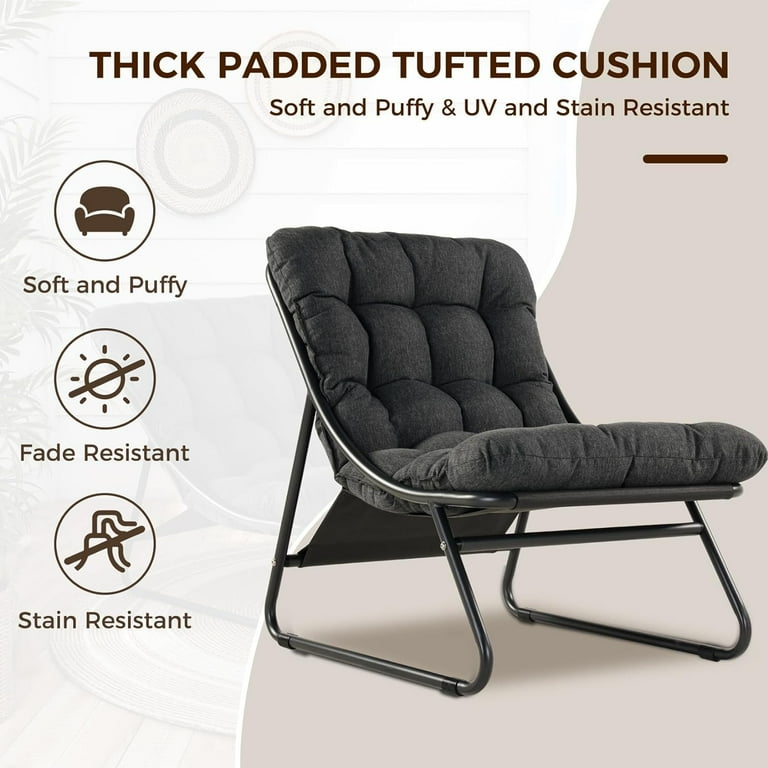 Grand Patio Outdoor Lounge Chair with Ottoman Comfy Sling Recliner Set Puffy Cushion Samba Modern Steel Furniture Dark Gray