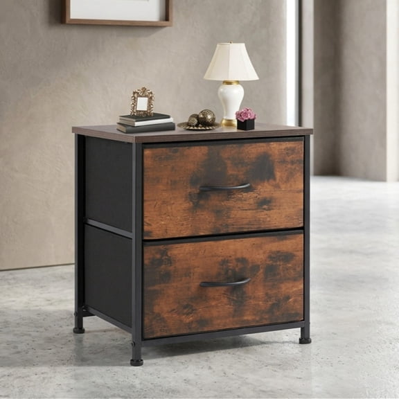2‑Drawer Fabric Night Stand, 20 Inch Tall Rustic Brown Bedside End Table, Small Dresser Storage Furniture for Bedroom and Closet Organization