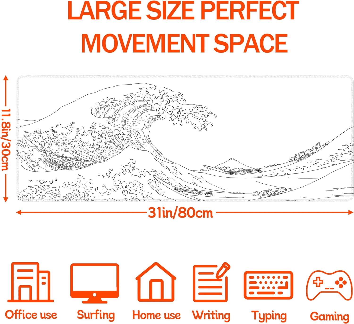 Japanese Sea Wave Large Mouse Pad, Anime White Gaming Mouse Pad XL, Extended Kanagawa Mouse Mat Desk Pad, 3mm Thick Long Non-Slip Rubber Base Mice Pad, 31.5 X 11.8 Inch,White