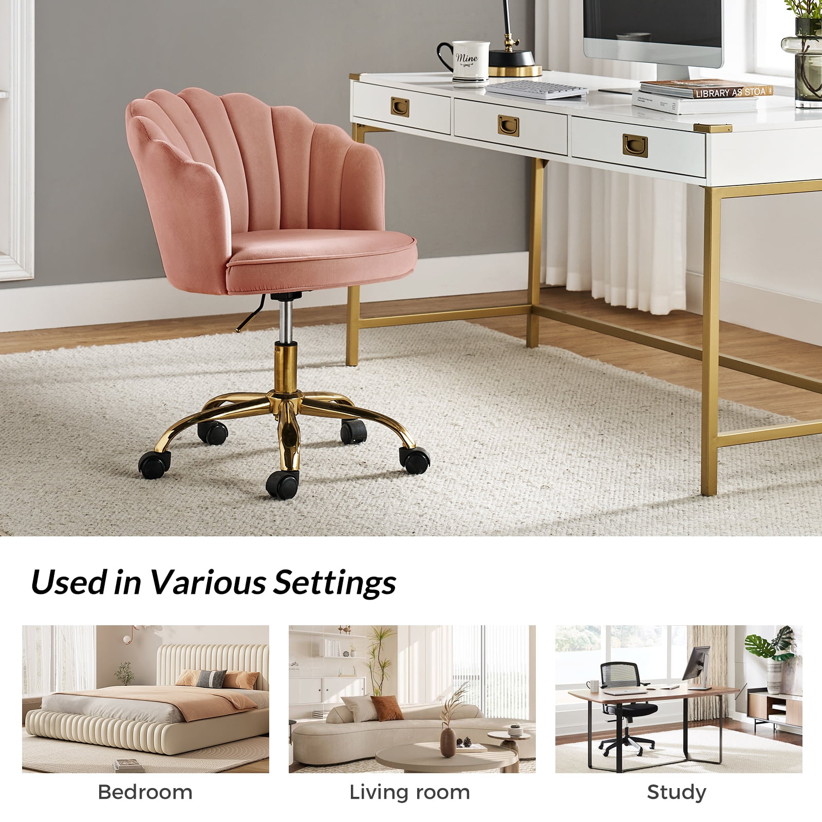 Makeup Vanity Chair Upholstered Velvet Office Task Desk Chair Swivel Adjustable Pink