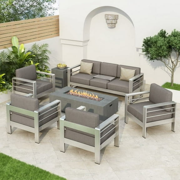 Miller Outdoor Aluminum 7 Seater Chat Set with Fire Pit, Light Gray and Gray