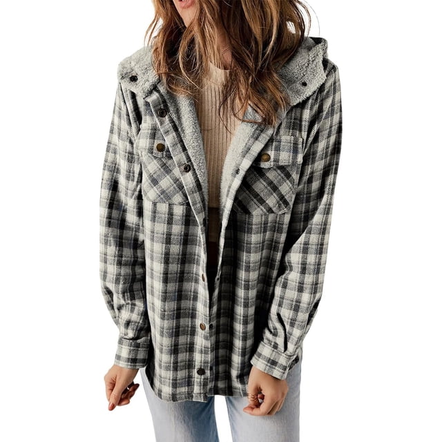 Womens Plaid Shacket Jacket Long Sleeve Button Down Fleece Hooded Jackets Warm Coat