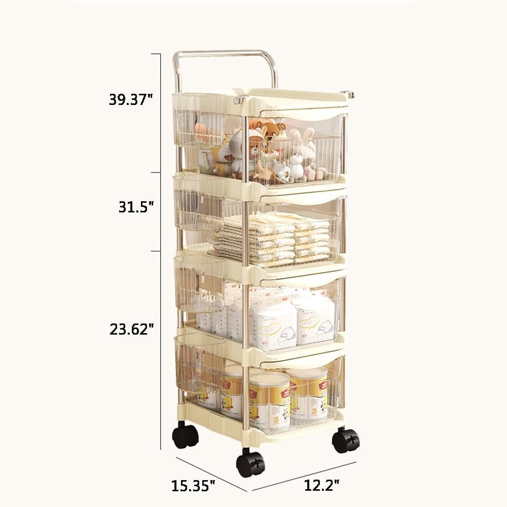 Baby Diaper Caddy Cart Organizer - 4 Tier Plastic Movable Cart with Hanging Basket, Rolling Utility Diaper Storage Caddy for Changing Table & Crib, Nursery, Bedroom