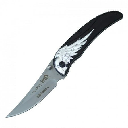 Spring-Assisted Folding Pocket Knife Wartech Black Silver Blade Skull Wing