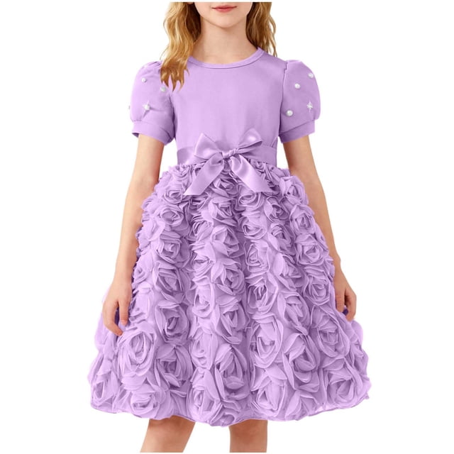 SBYOJLPB Robe Unie pour Enfants Col Rond Manches Courtes Robe d'Été Fille en Maille avec Nœud Jupe Décontractée et Confortable