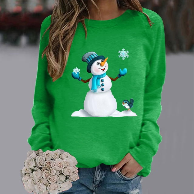 Jienlioq Hauts pour Femmes Mode Décontractée Imprimé de Noël Col Rond Ample Manches Longues Chandail en Molleton Blouse Cyberlundi