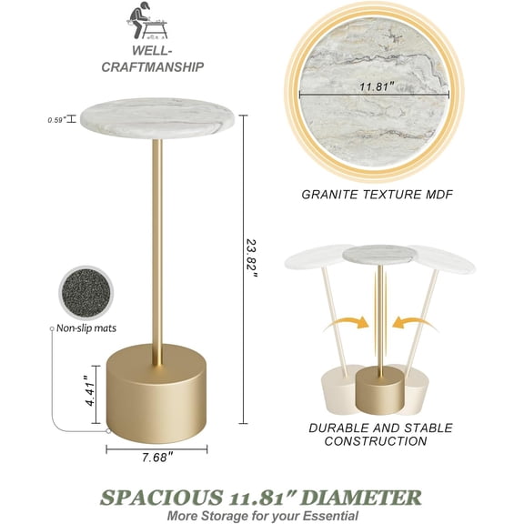 Gold Round Side Table with Marble Grain Top for Small Spaces