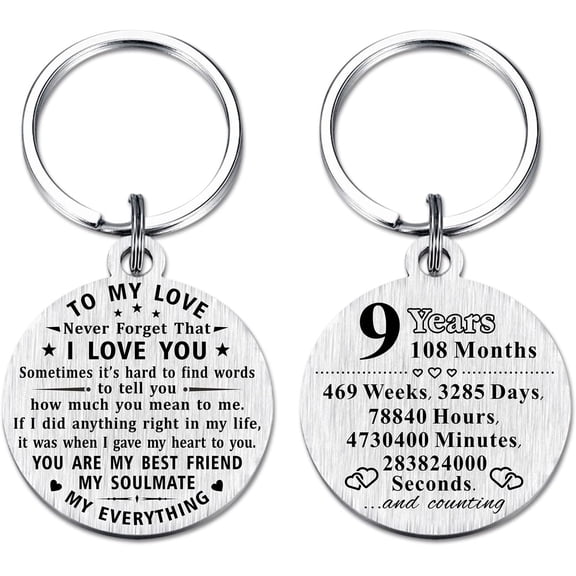 9 Year Anniversary Keychain Gifts, Steel Engraved 9th Wedding Anniversary Keepsake, Happy Nine Year Anniversary for Men Husband Women Wife