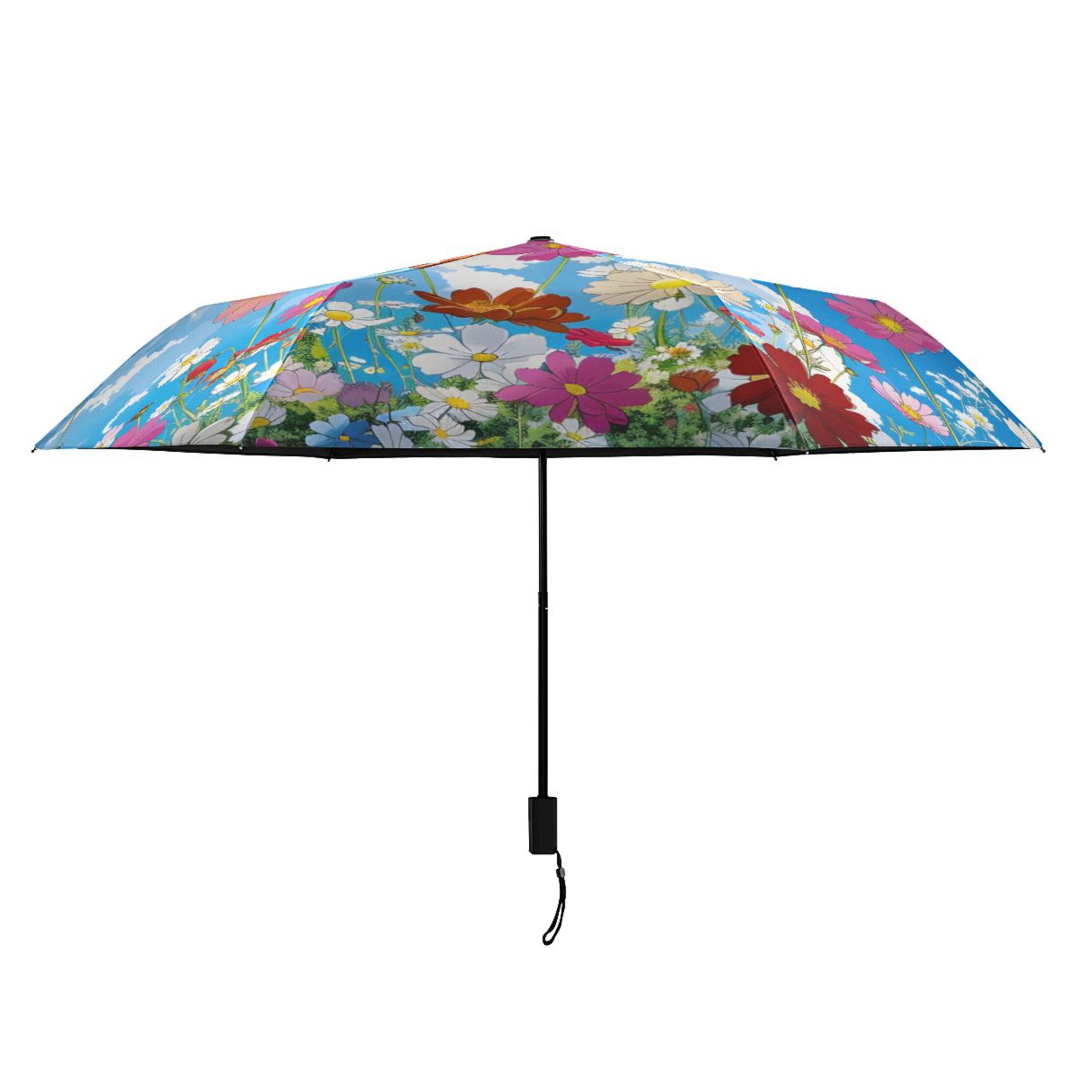 Sky Clouds Flowers All Weather Umbrella Triple Folding Parasol 6 Ribs UV Protection Portable