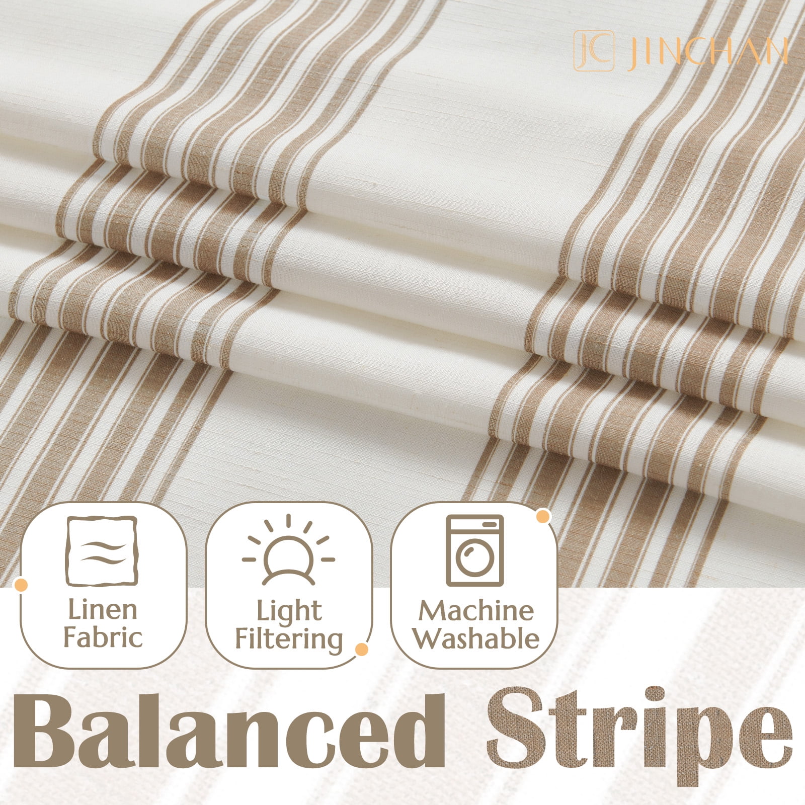 Curtainking Striped Linen Curtains 63 Inch Taupe Farmhouse Rustic Curtains for Living Room Semi Sheer Back Tab Light Filtering Coastal Drapes for Bedroom Window Curtain 2 Panels