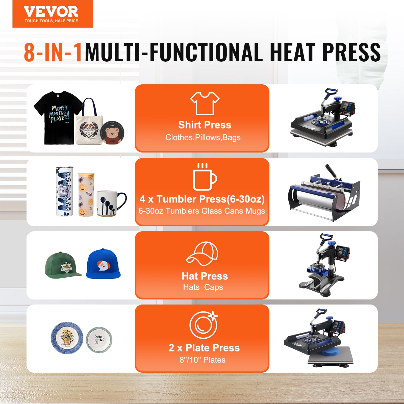 VEVOR Heat Press Machine, 15 x 15 inch, 8 in 1 Heat Transfer Machine with 30 oz Tumbler Press, 360° Swing Away Digital T-Shirt Pressing, Teflon Coating, for T-Shirts/Mugs/Hats/Plates, Black+Blue