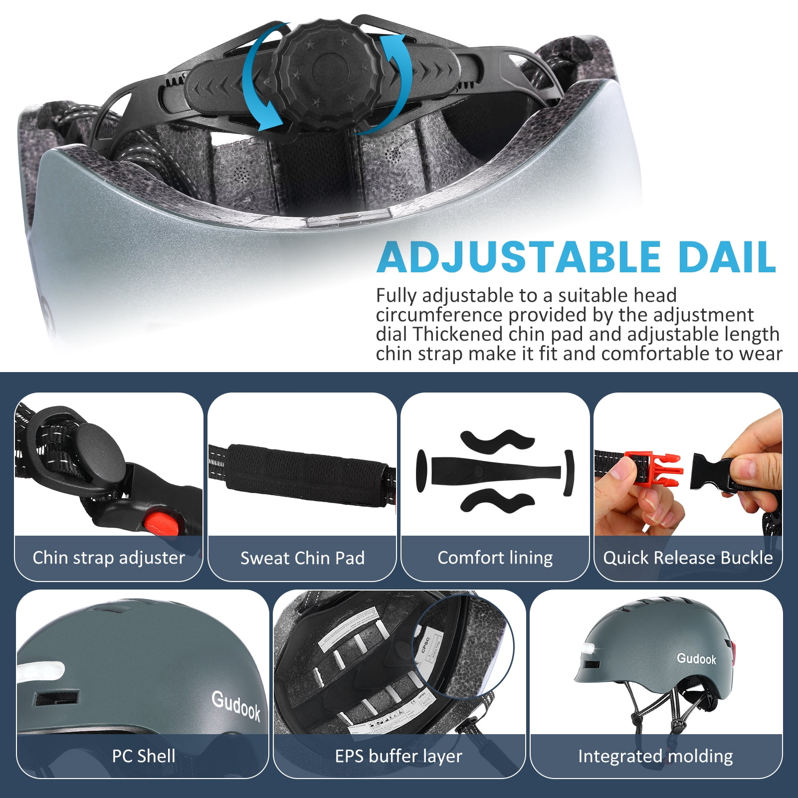 Adult Bike Helmet with Light - Bicycle Helmets Men - Women - Front and Back LED Lights Adjustable Cycling Helmet for Urban Commuter Biking Scooter