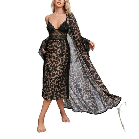 

2pcs Set Sexy Leopard Print Cami Dress Sets Long Sleeve Mocha Brown Women s Pajama Sets (Women s)