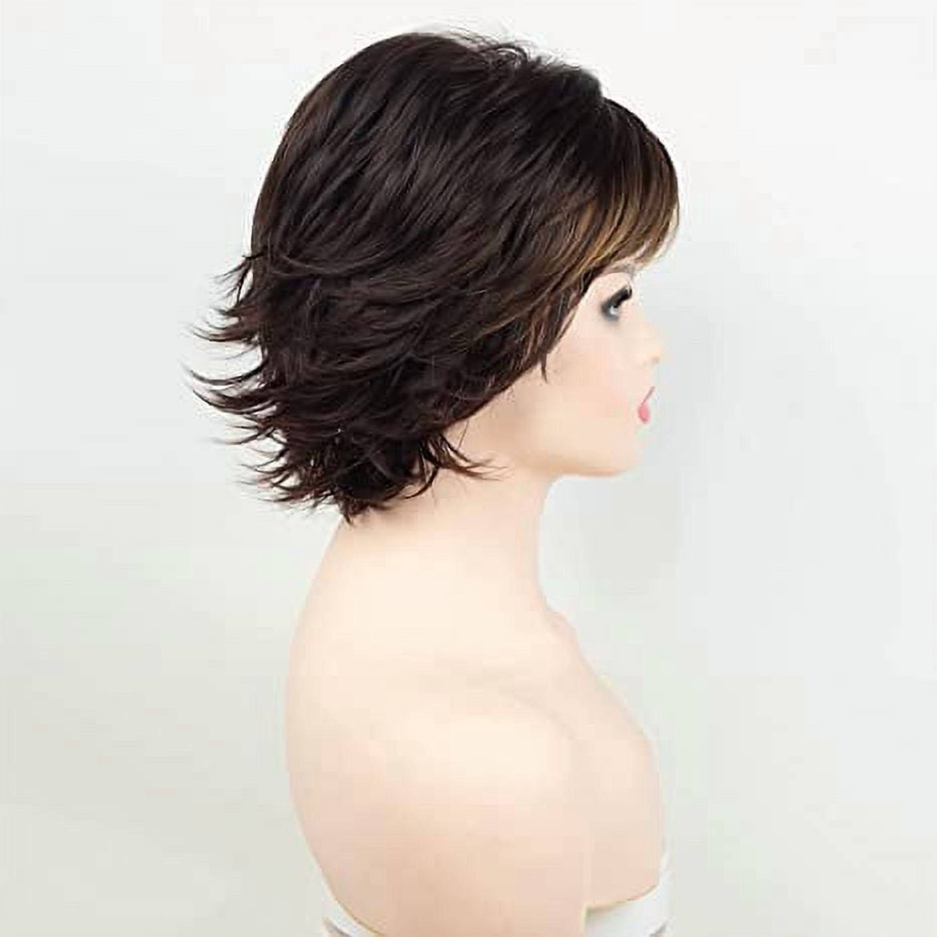 Womens Short Brown Pixie Wig Curly Synthetic Hair with Bangs Natural Wavy Cap