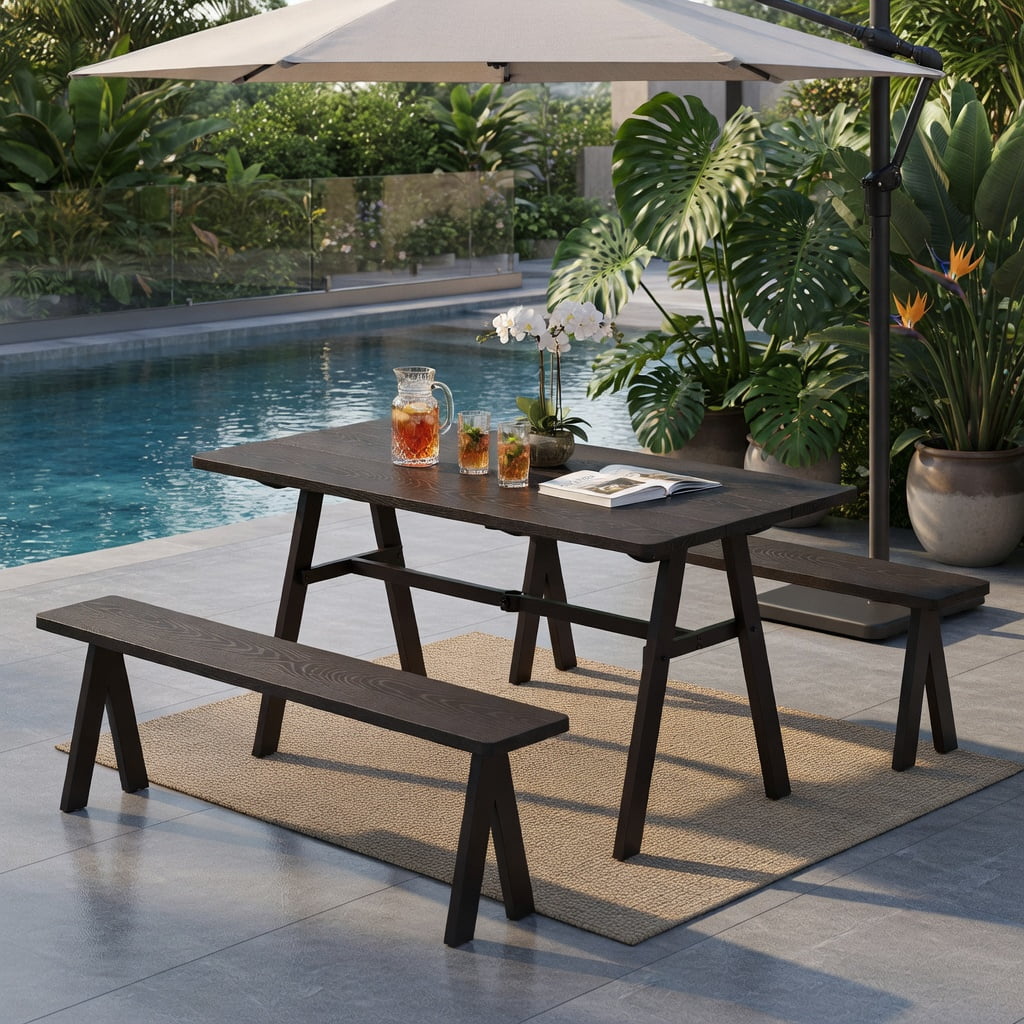 Hommoo Heavy-Duty 3-Person Outdoor Bench Set of 2, Rust-Resistant Galvanized Iron Benches, Patio Seating for Deck, Garden & Balcony, Dark Brown