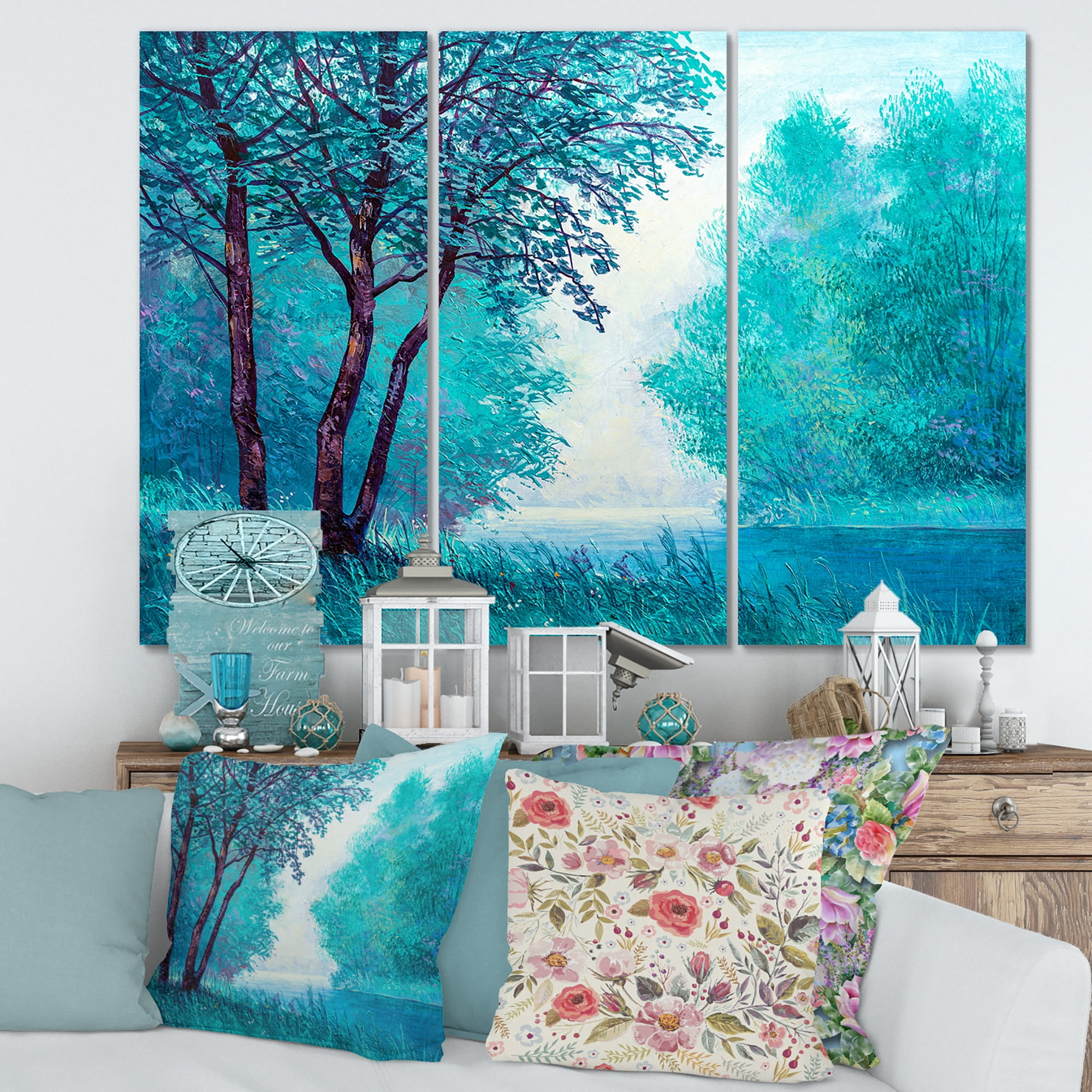 Designart ' Blue Coloured Tree Impression By Riverside ' Lake House Canvas Wall Art Print
