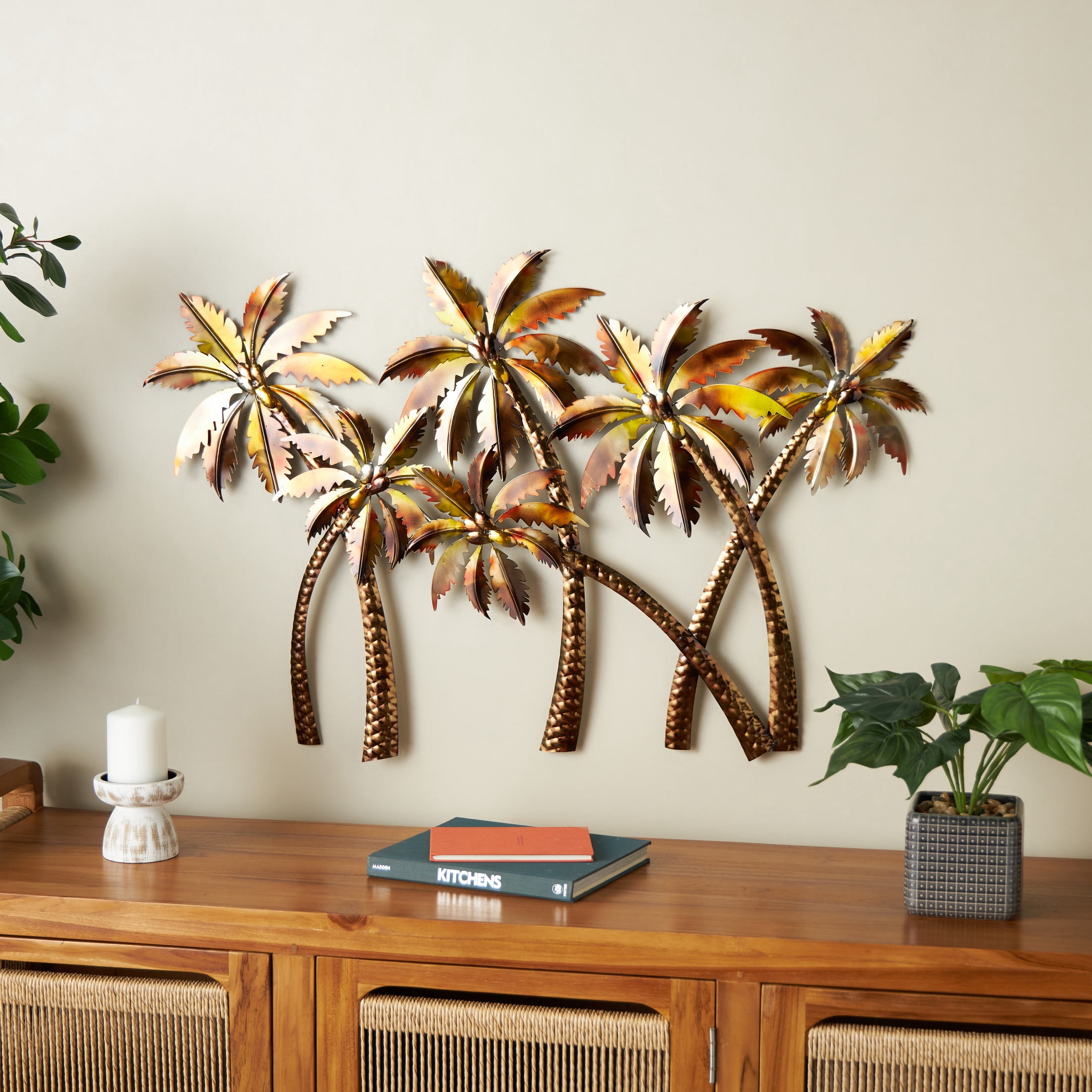 DecMode Copper Stainless Steel Metal Slanted Tree Wall Decor with Red and Yellow Accents