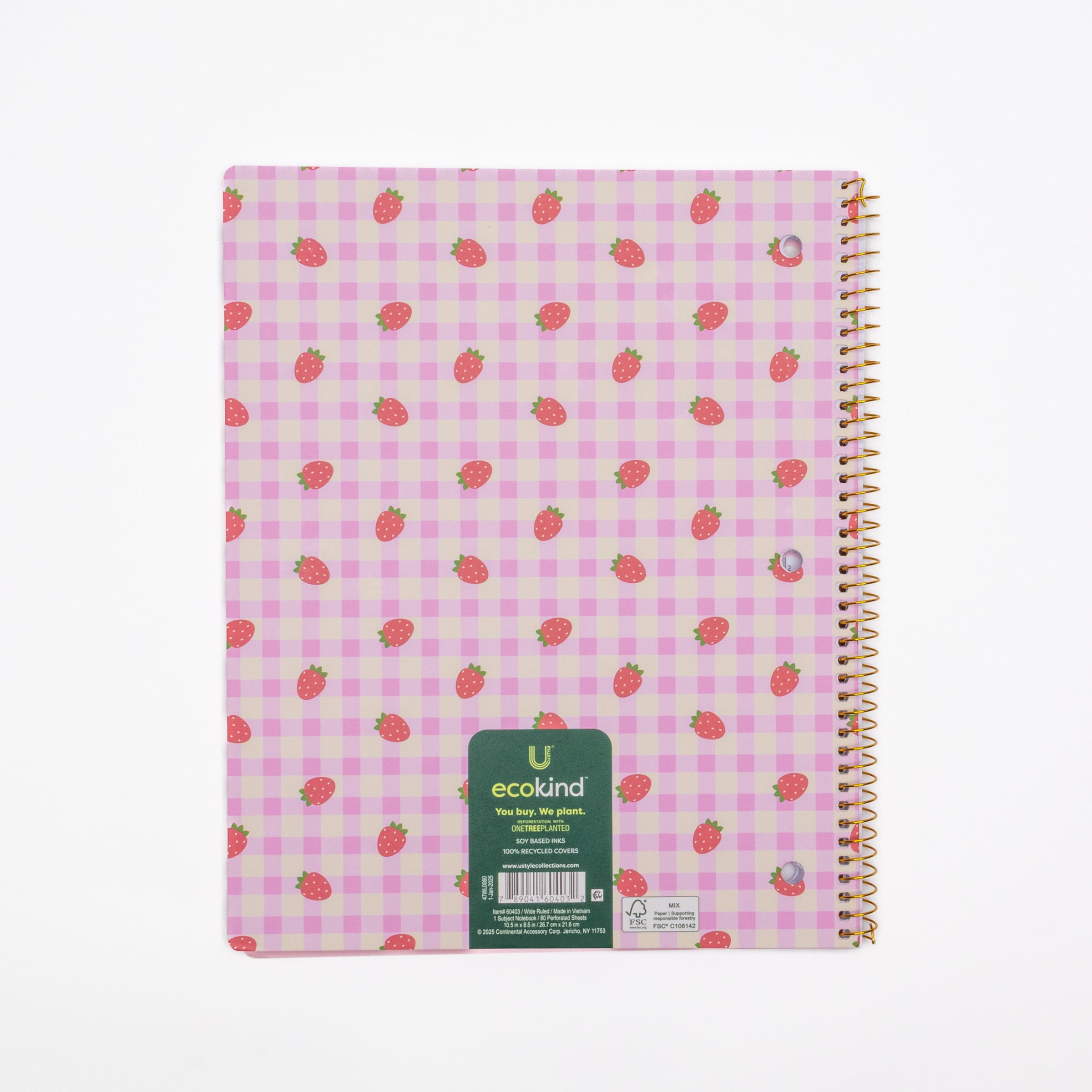 Ecokind by U Style Strawberry 1 Subject Notebook, Wide Rule, 8.5" x 10.5", 80 Sheets