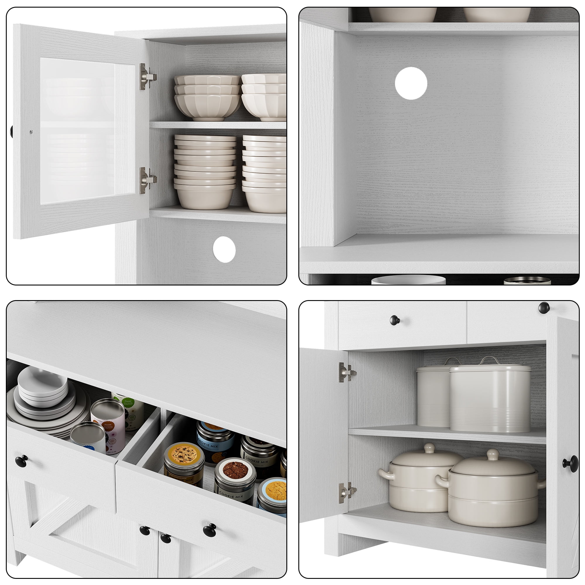 63.4"H Kitchen Pantry Cabinet with Microwave Stand, Freestanding Hutch with Drawers, Doors & Adjustable Shelves, Buffet Cabinet with Storage, Food Pantry for Kitchen, Dining Room