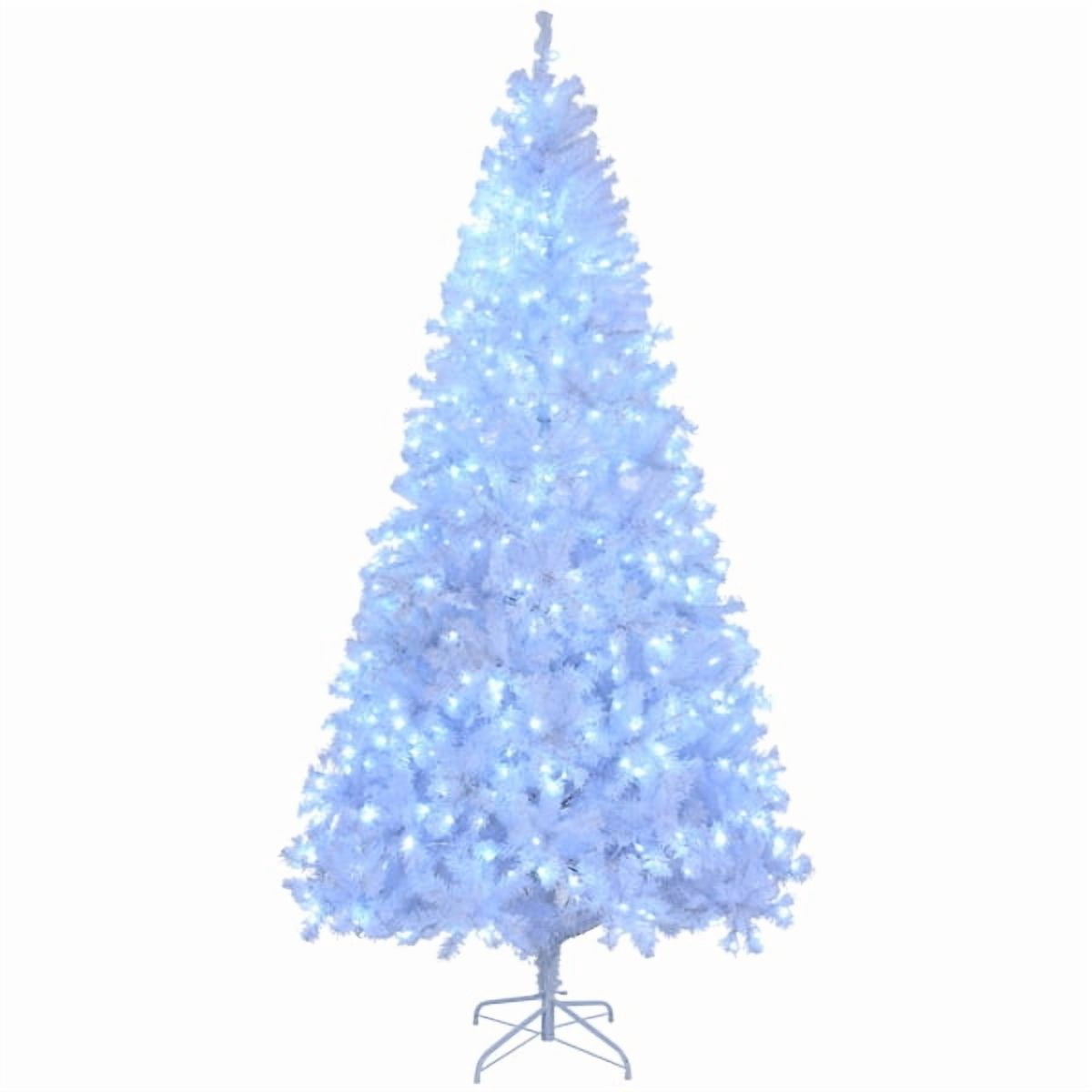 8FT Pre-Lit White Christmas Tree, 1500 PVC Branch Tips, 200 Cold White LEDs, Sturdy Iron Stand, Flame-Retardant Artificial Holiday Centerpiece