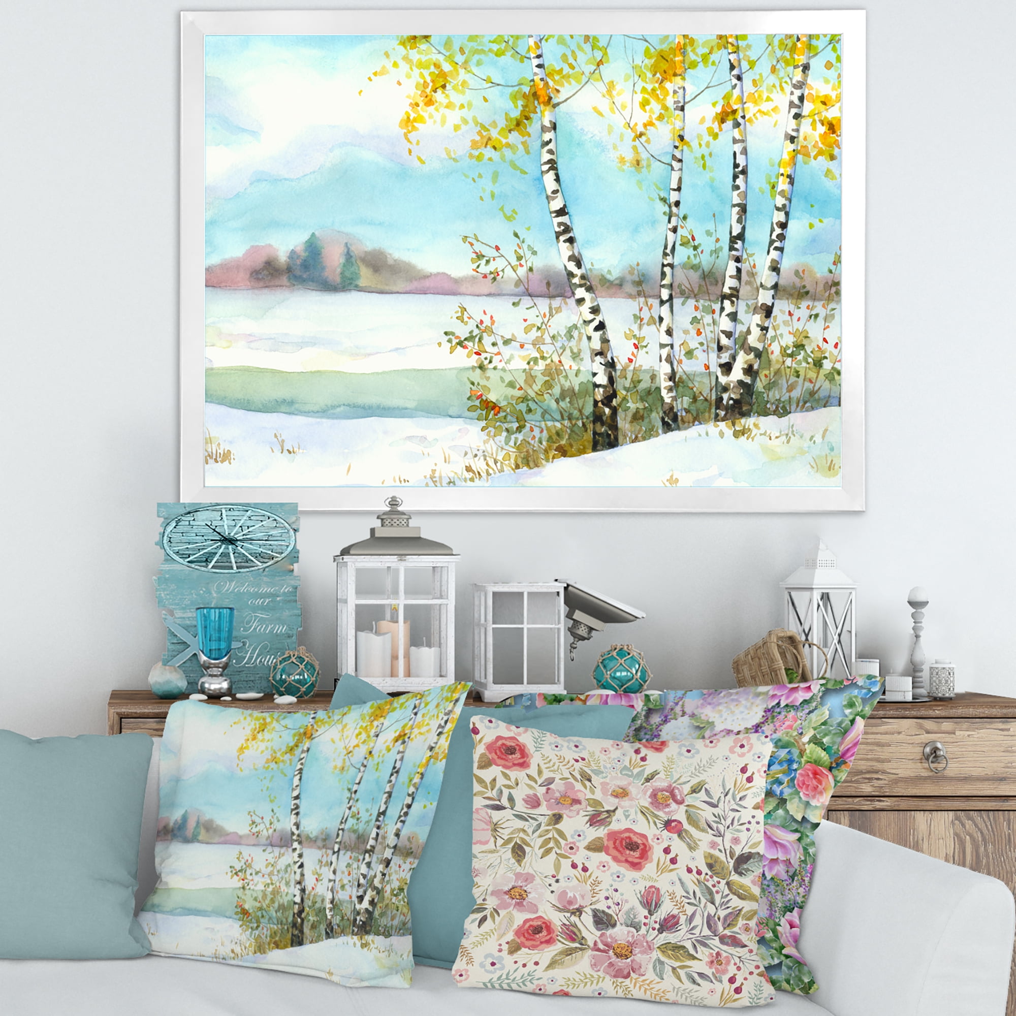 Designart 'Birches In Snowy Land' Lake House Framed Art Print