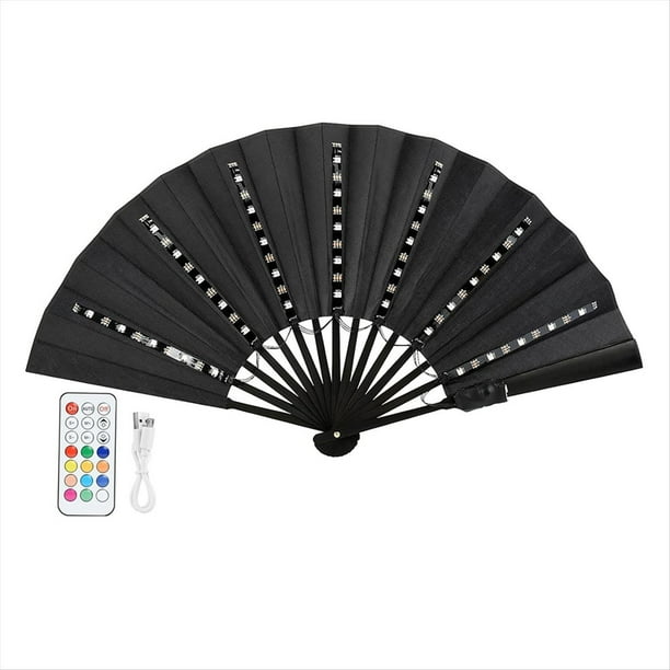Abanico Plegable de Mano con Luces LED, Colorido y con Control Remoto, Ideal para Espectáculos en Escenario, Color Negro.