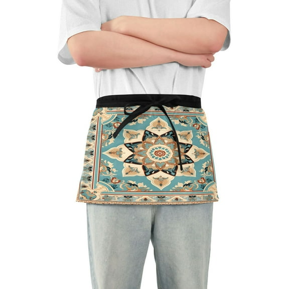 Aquatic Green Mandala Server Apron with 3 Pockets Waterproof Waitress Waist Short Apron for Man Woman 12 Inches