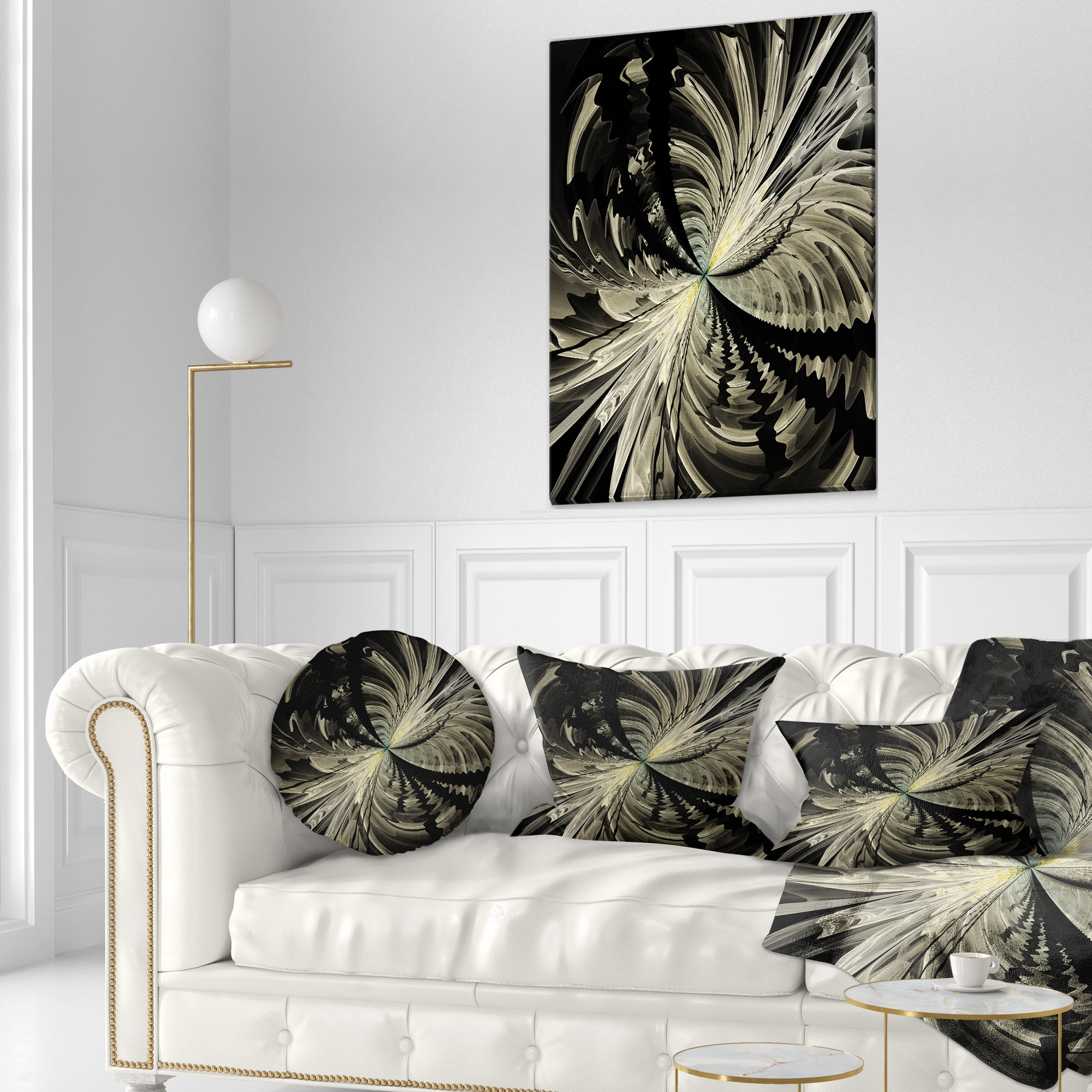 Designart 12" x 20" Contemporary and Modern Black Fractal and Flower Polyester Throw Pillow