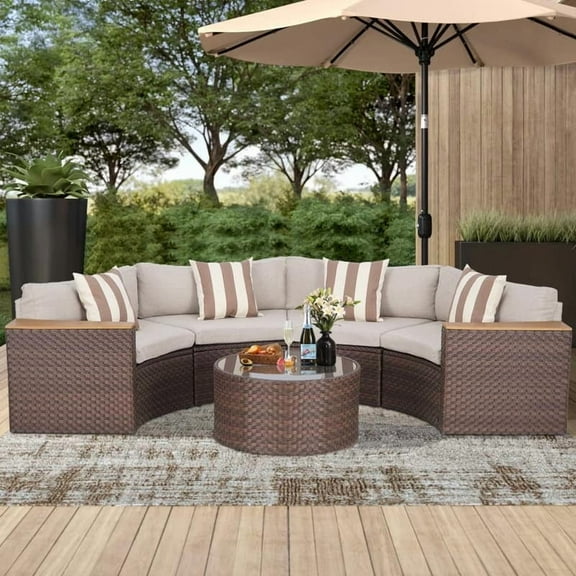 Havenside Home Nuon Outdoor Patio Furniture 5-piece Rattan Wicker Half-Moon Half Round Curved Sofa Sectional Set by Brown