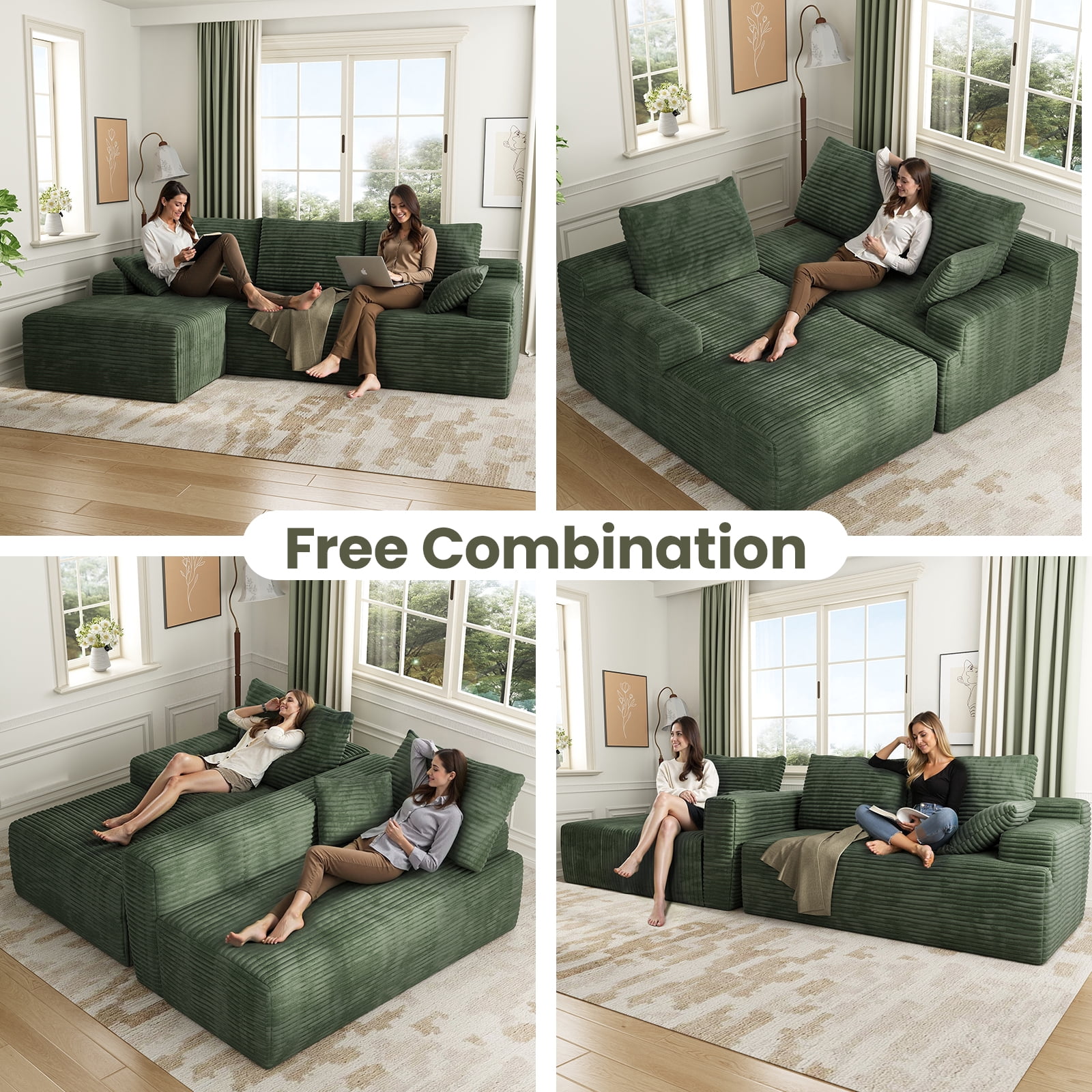104" Cloud Sectional Couch with L-Shape Chaise, Modern Modular Sofa with Deep Seat, Upholstered Couches with Back Cushion for Living Room Bedroom, No Assembly Required, Green (Corduroy Fabric)