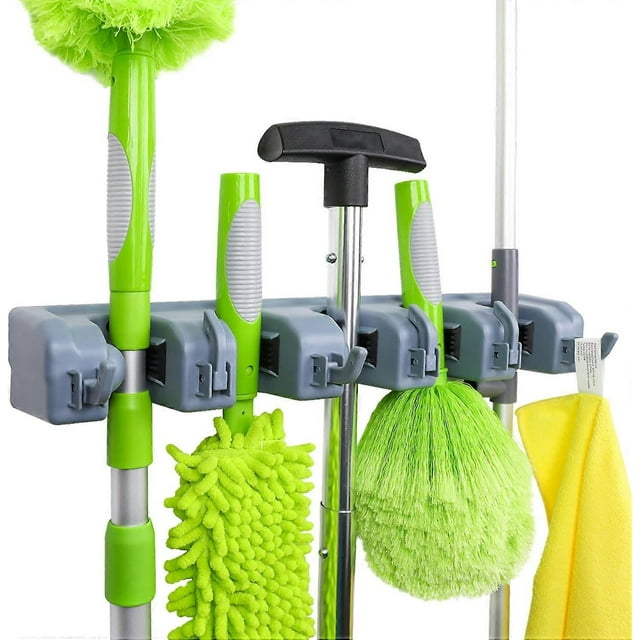 Soporte de pared para escobas y organizador de herramientas de jardín Basics, 6 ganchos, gris, 6,25 x 40,64 x 8,56 cm