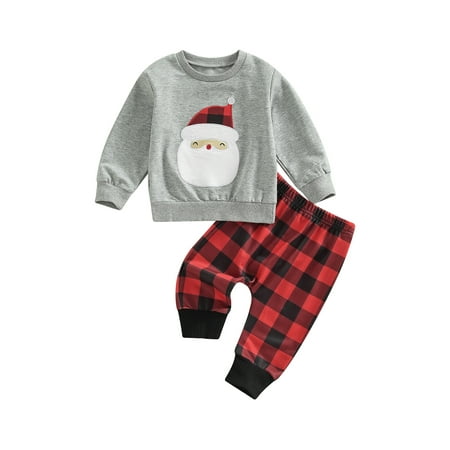 

Amuver Toddler Baby Sportswear Outfit Santa Print Long Sleeve Sweatshirt Tops and Plaid Pants Set for Girls Boy