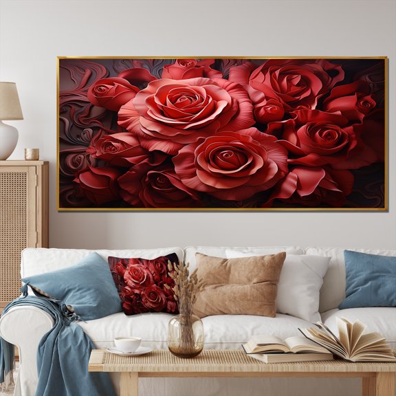 Designart "Classic Elegance Red Rose Resonance II" Extra Large Floral Framed Wall Art - Modern Red Roses Living Room Framed Canvas Art