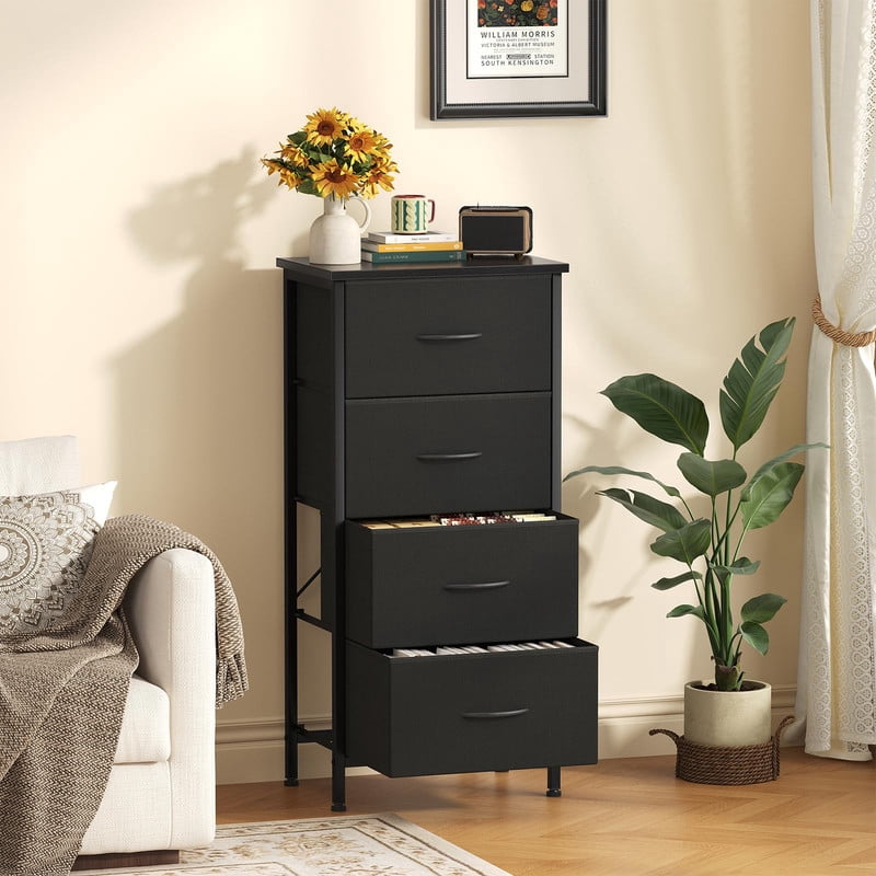 Kelno 4 Drawer Fabric Dresser Steel Frame Storage Chest Organizer with Wood Top, Black