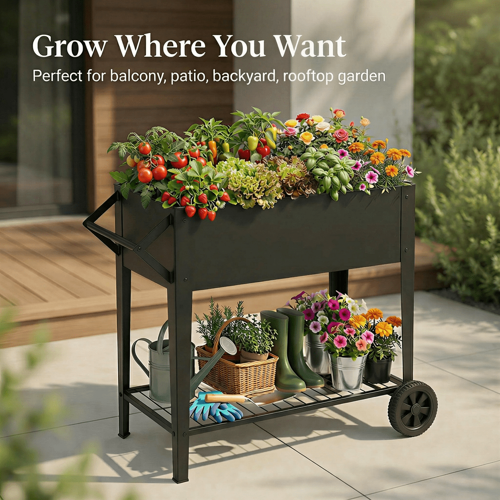 Raised Garden Bed Outdoor Galvanized, Heavy-Duty 32" Tall Raised Garden Bed with Wheels & Shelf, Durable Anti-Rust Steel Planter Box for Vegetables/Herbs, Patio-Balcony-Backyard