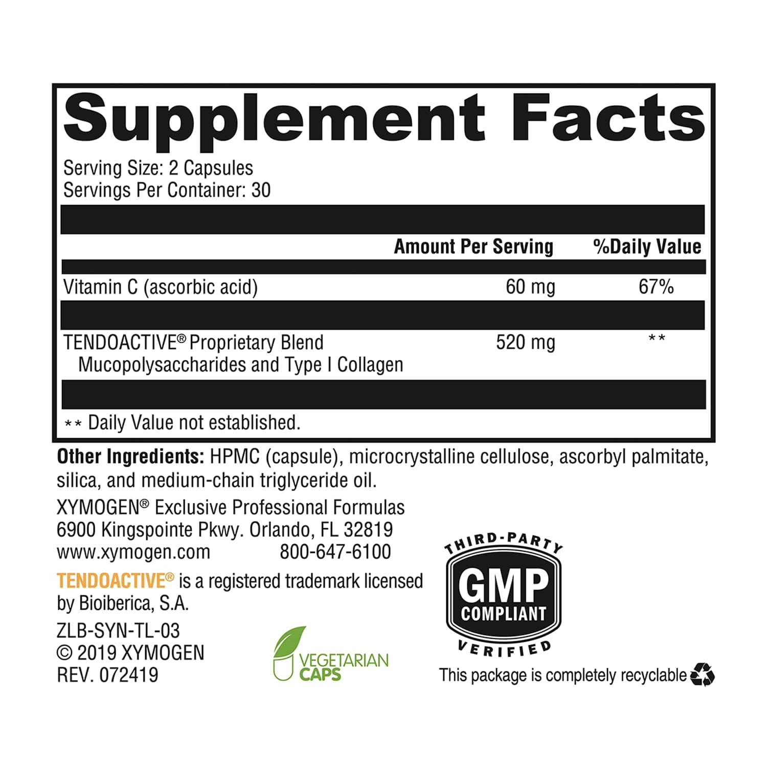 XYMOGEN SynovX Tendon & Ligament - Supports Tendon & Ligament Comfort - Supports Cellular Self-Repair - Mucopolysaccharides & Type I Collagen - 60 Capsules