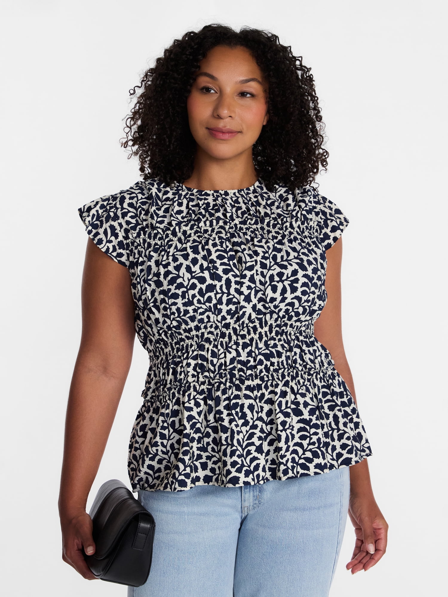 Time and Tru Women's Sleeveless Smocked Top with Ruffle Trim, Sizes XS-XXXL