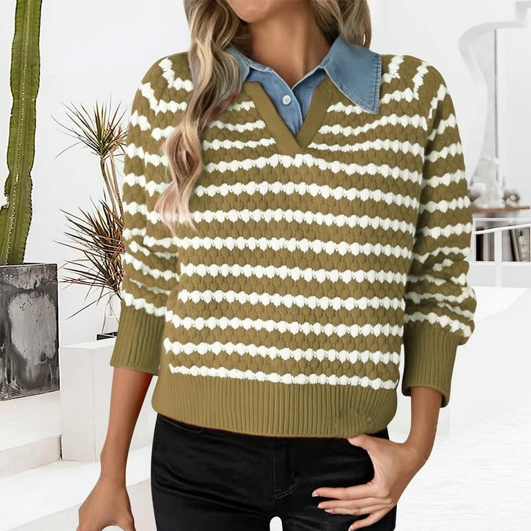 Womens Striped Sweater Knit Lapel Collar Long Sleeve Layered Pull