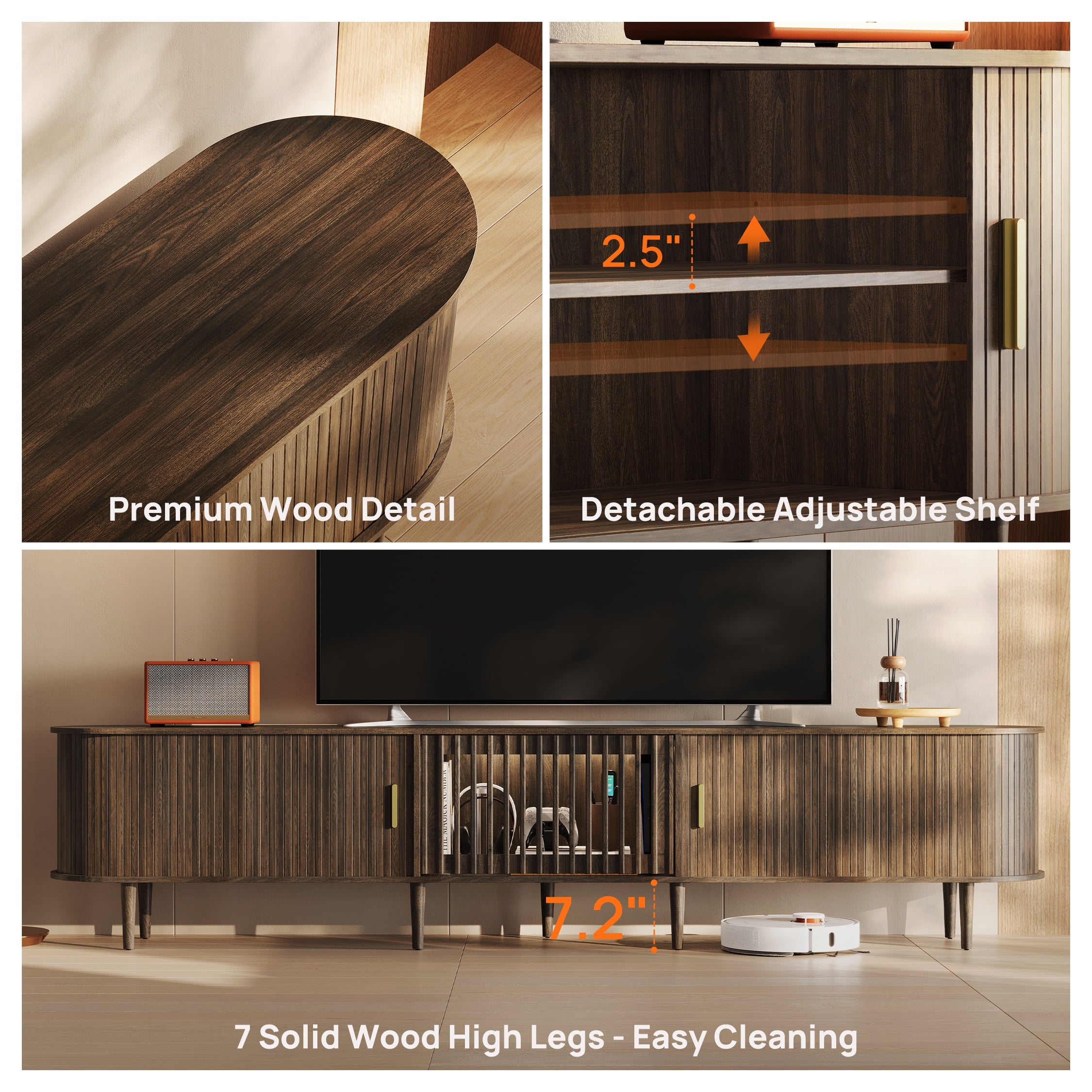 CHIC HOUSE 95" Extra Long TV Stand for 85/90/98/100" TVs with LED Light, Mid-Century Modern Entertainment Center with Storage Shelves & Sliding Tambour Door, Walnut