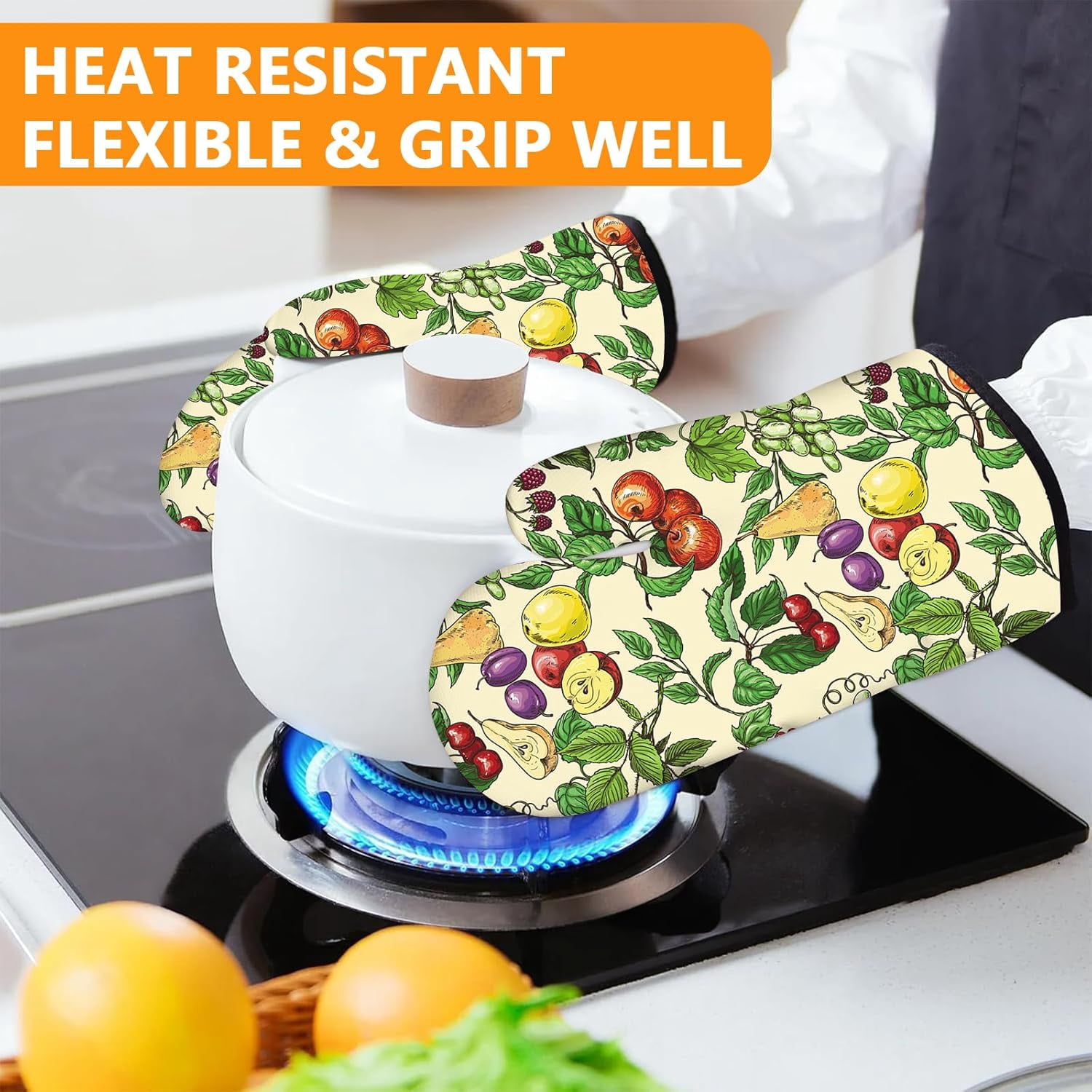 Sunflower Highland Cow Oven Mitts and Pot Holders Sets 4Pcs,Extra Long Oven Gloves Potholder for Kitchen Cooking Baking BBQ 100% Cotton Heat Resistant
