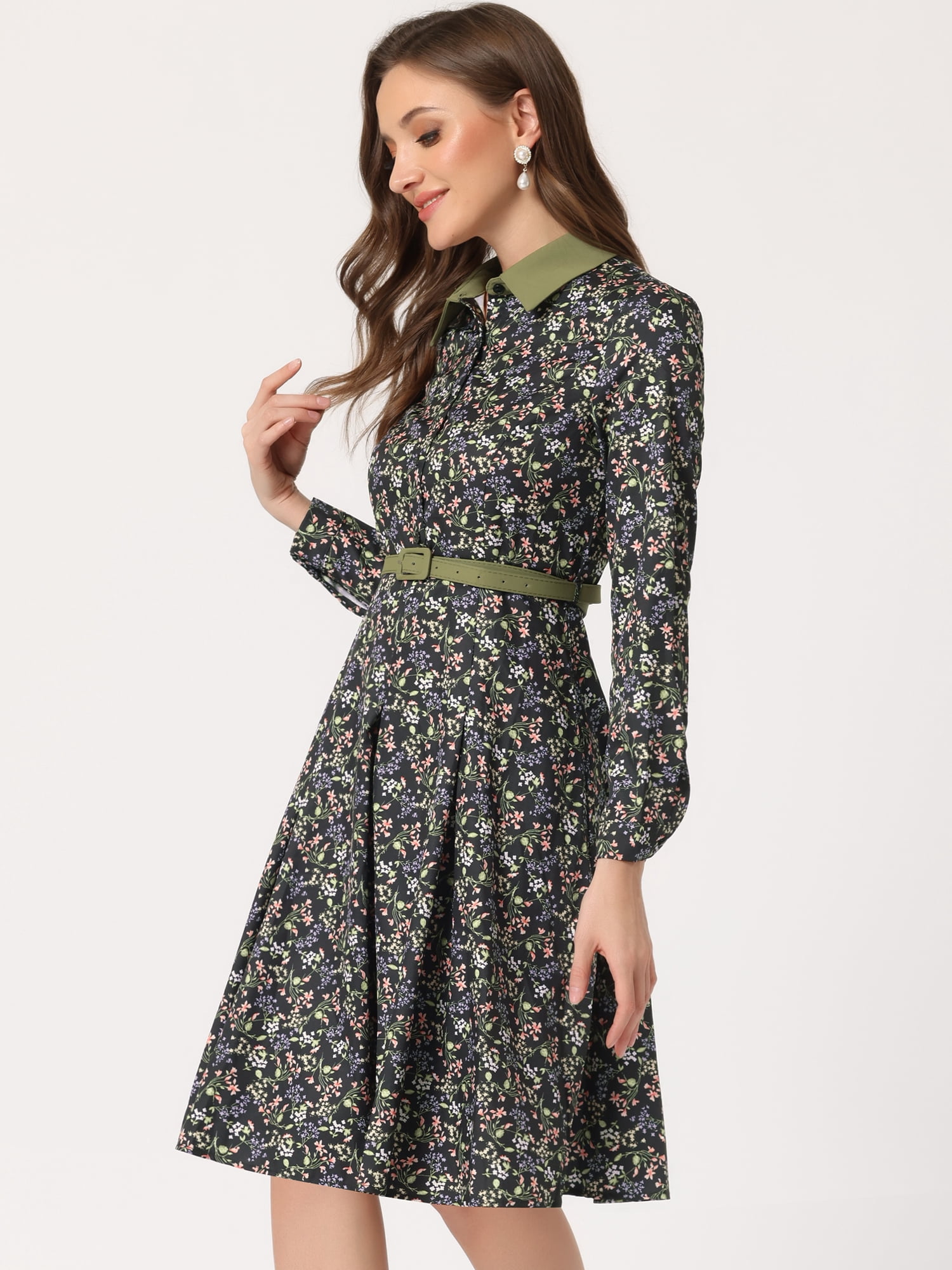 Unique Bargains Women's Floral Contrast Collar Belted Work Office Knee Length Dress L Blacks