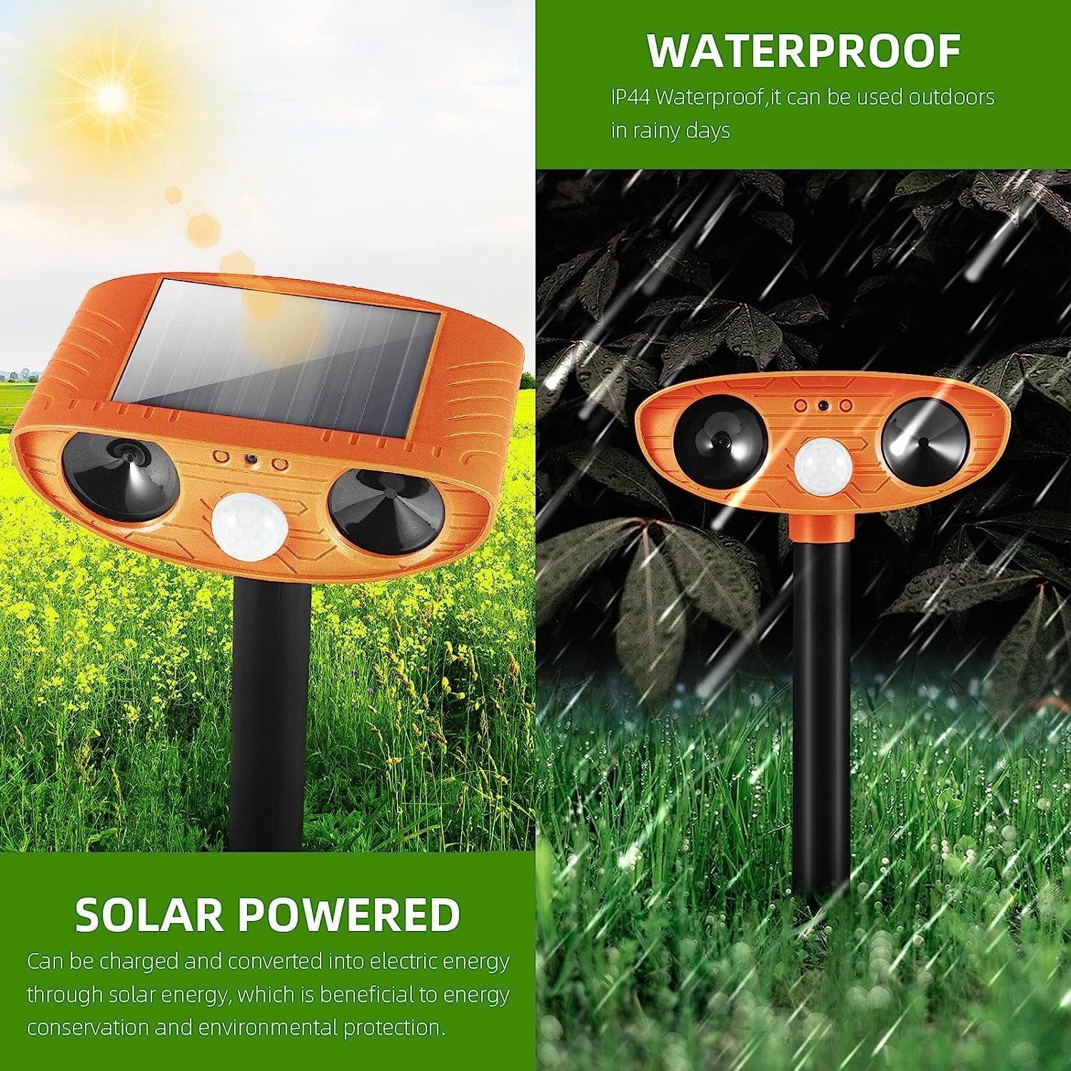 KingFurt 2-Pack Orange Solar Ultrasonic Animal Repeller Repellent for Cat Squirrel Raccoon Deer Mouse Fox