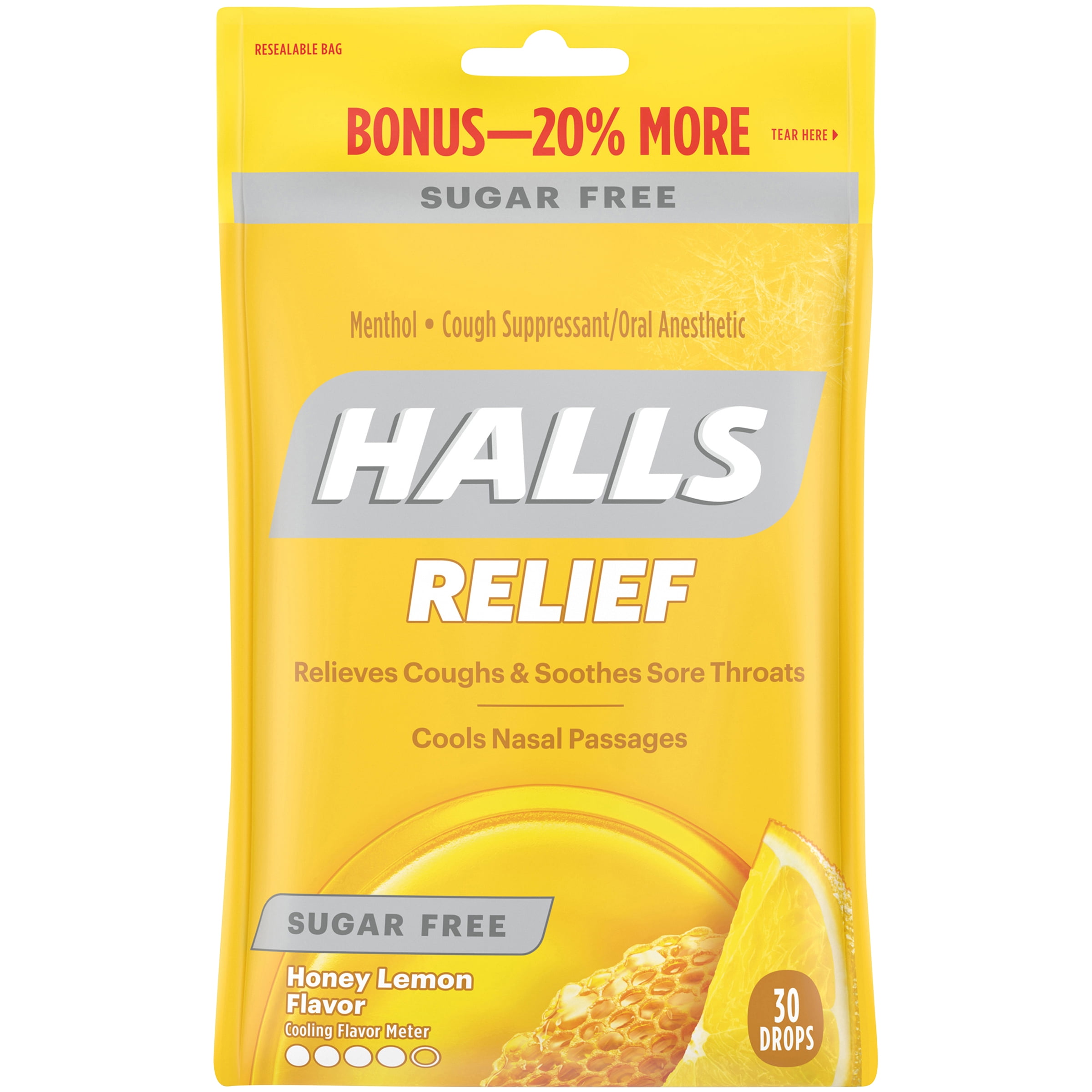HALLS Relief Sugar Free Honey Lemon Flavor Cough Drops, 1 Bag (30 Total Drops)