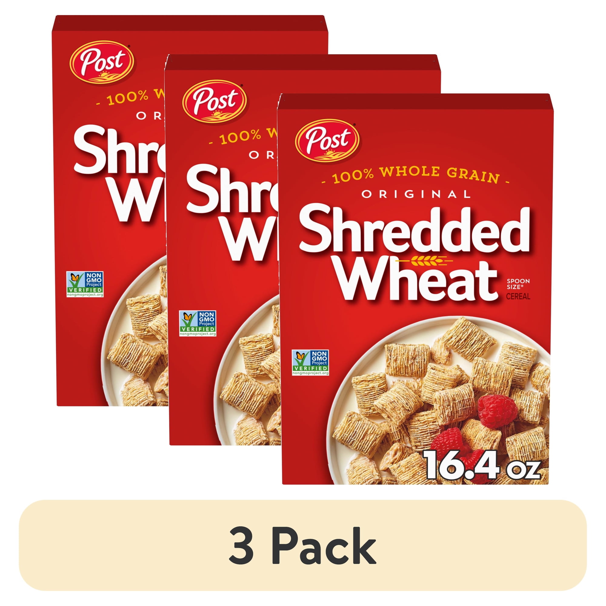 (3 pack) Post Spoon Size Shredded Wheat, Whole Grain Breakfast Cereal, High Fiber, Kosher, Crunchy 16.4oz Box