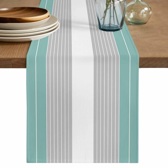 Turquoise Grey Stripe Table Runner, Modern Art Horizontal Striped Washable Cotton Linen Table Runners 72 Inches Long, Dresser Scarf Runner for Dining Tables/TV Stands/Coffee/Cabinets 18''x72''