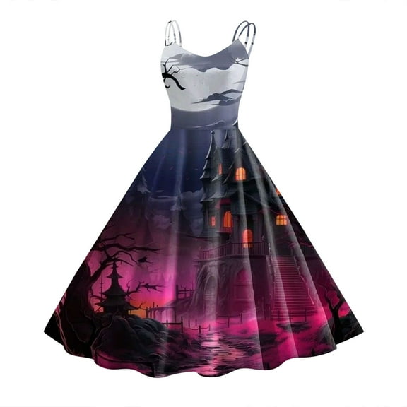 Women Vintage Halloween Print Sleeveless 1950s Evening Swing Party Prom Dress